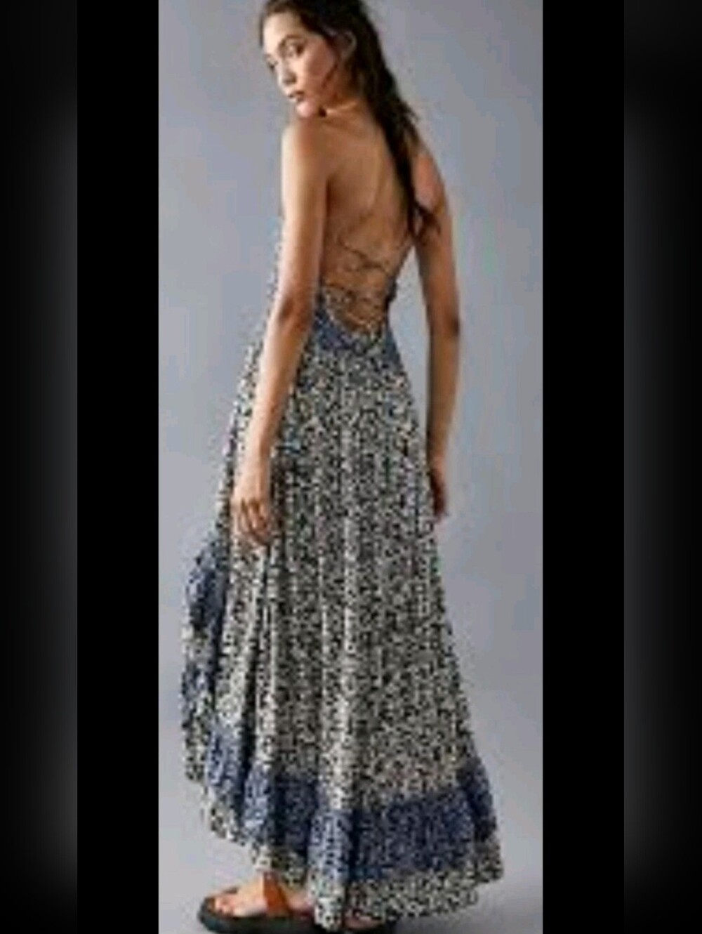 Free People Dress LARGE One I Love in Denim Combo Floral Midi Sundress Boho - Picture 2 of 9